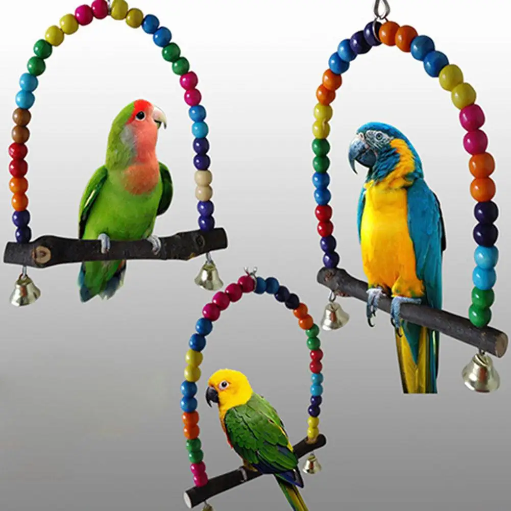 

Wooden Hanging Swing Toy Colorful Beads Perch Stand Bird Supplies With Bells For Parrots Squirrel Chinchilla