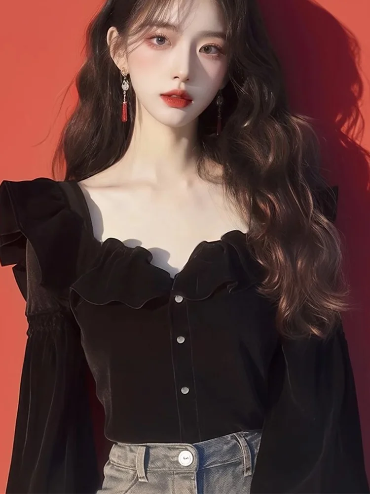 Черные бархатные топы French Sle Hepburn Wind женские 2024 ранняя осень Новое поступление