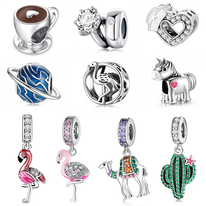 

Wholesale Silver-color Beads Pendant Cute Animal Flamingo Camel Cactus Coffee Cup Fit Original Pandora Bracelet DIY Jewelry