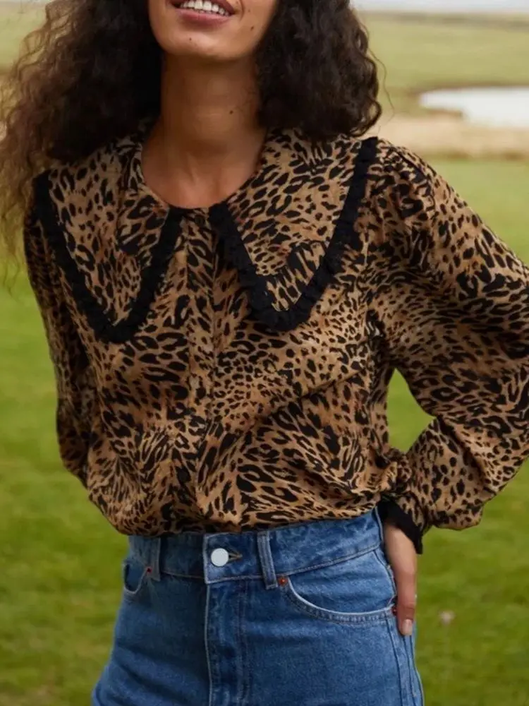 

2021 Women New Style Top Lace Stitching Doll Collar Leopard Print Shirt Long Sleeve Shirt