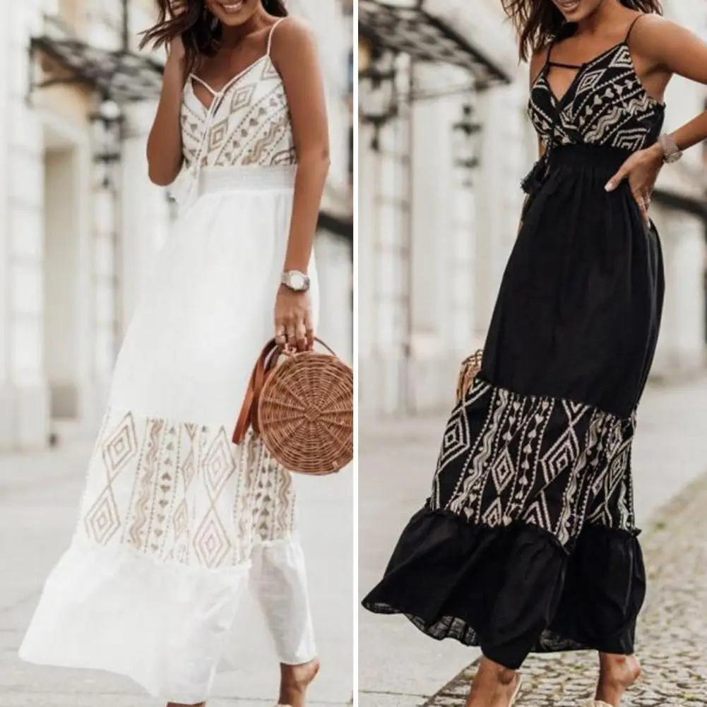 

Elegant Embroidered Slim Long Dresses for women 2022 Summer V-Neck Hollow Out Sling Party Dress High Waist Tassel Beach Dress