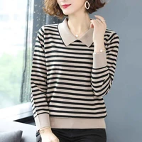 striped knitted cardigan 2021 new doll collar top autumn winter shirt pullover sweater autumn clothes women korean fashion