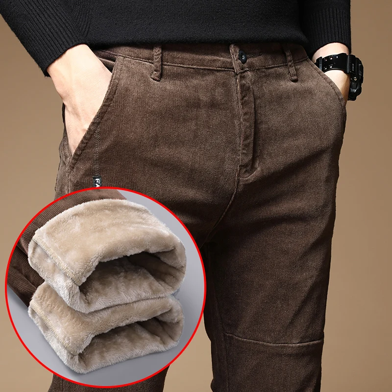 2023 New Winter Fleece Warm Corduroy Pants Men Business Fashion Slim Fit Stretch Thicken Gray Green Fluff Casual Trousers Male