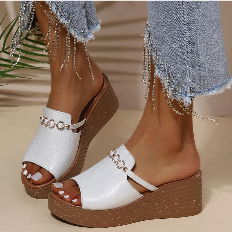 

Peep Toe Sandals Woman Wedge Slides Fashion 2022 New Summer Crocodile Sandalias Ladies High Heeled Platform Mules