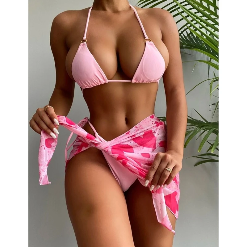 

Women Backless Swimsuit Ladies Sexy Halter Triangle Bikini Backless Lace-up Bikini 3 Piece Elastic Summer Beachwear Pink