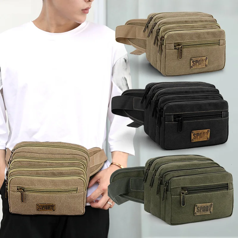 

Canvas Fanny Pack Men's Outdoor Leisure Large Capacity Mobile Phone Bag Mountaineering Sports Running Mobile Phone Waist Packs