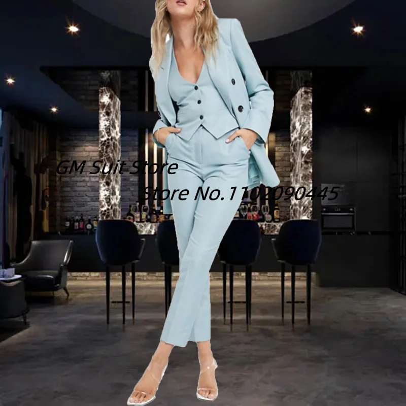 Women's Double Breasted Blazer Slim Fit Solid Color 3 Piece Suits Office Lady Jackets Vest Pant костюм женский
