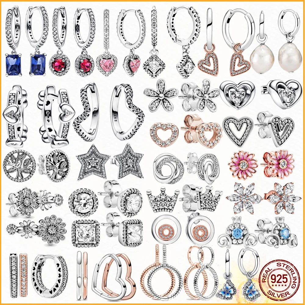 

Original 925 Sterling Silver Earrings Radiant Sparkling Hearts Hoop Plata De Ley Stud Pandora Earring Women Jewelry Gift