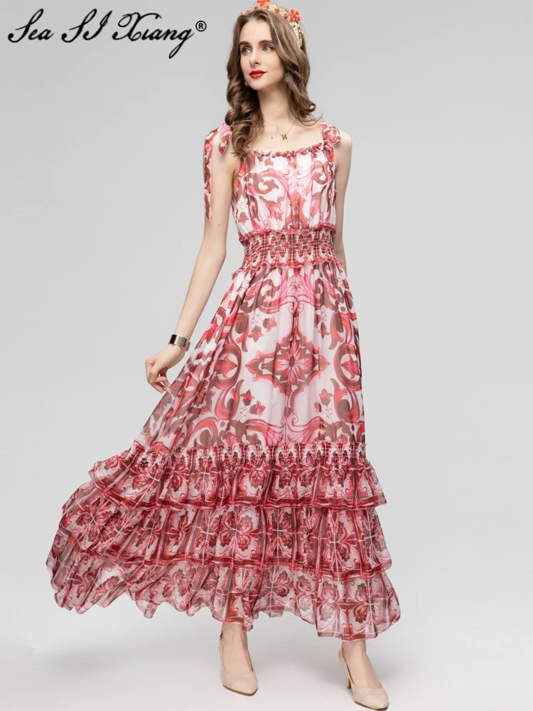 

Женское дизайнерское платье макси Seasixiang, летнее Элегантное Длинное Платье на бретелях-спагетти с бантом и принтом красных цветов из фарфора