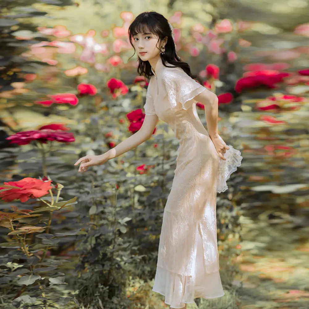 

Кружевное платье Чонсам в китайском стиле, милое приталенное нежное платье в стиле ретро, в новом стиле, лето
