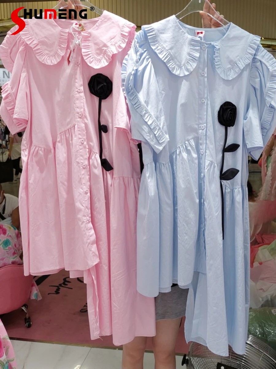 

2022 Summer New Female Korean Style Sweet Pleated Lace Dress Women's Fashion Fairy Doll Collar 3D Flower Irregular Shirt Dress