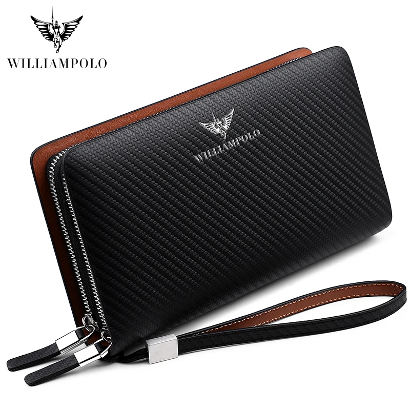 WILLIAMPOLO New Style Men's Wallet Business Large Capacity Clutch Bag Genuine Leather Clutch Wallet Double Zipper Handbag Long