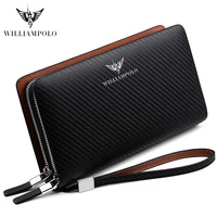 williampolo new style mens wallet business large capacity clutch bag genuine leather clutch wallet double zipper handbag long