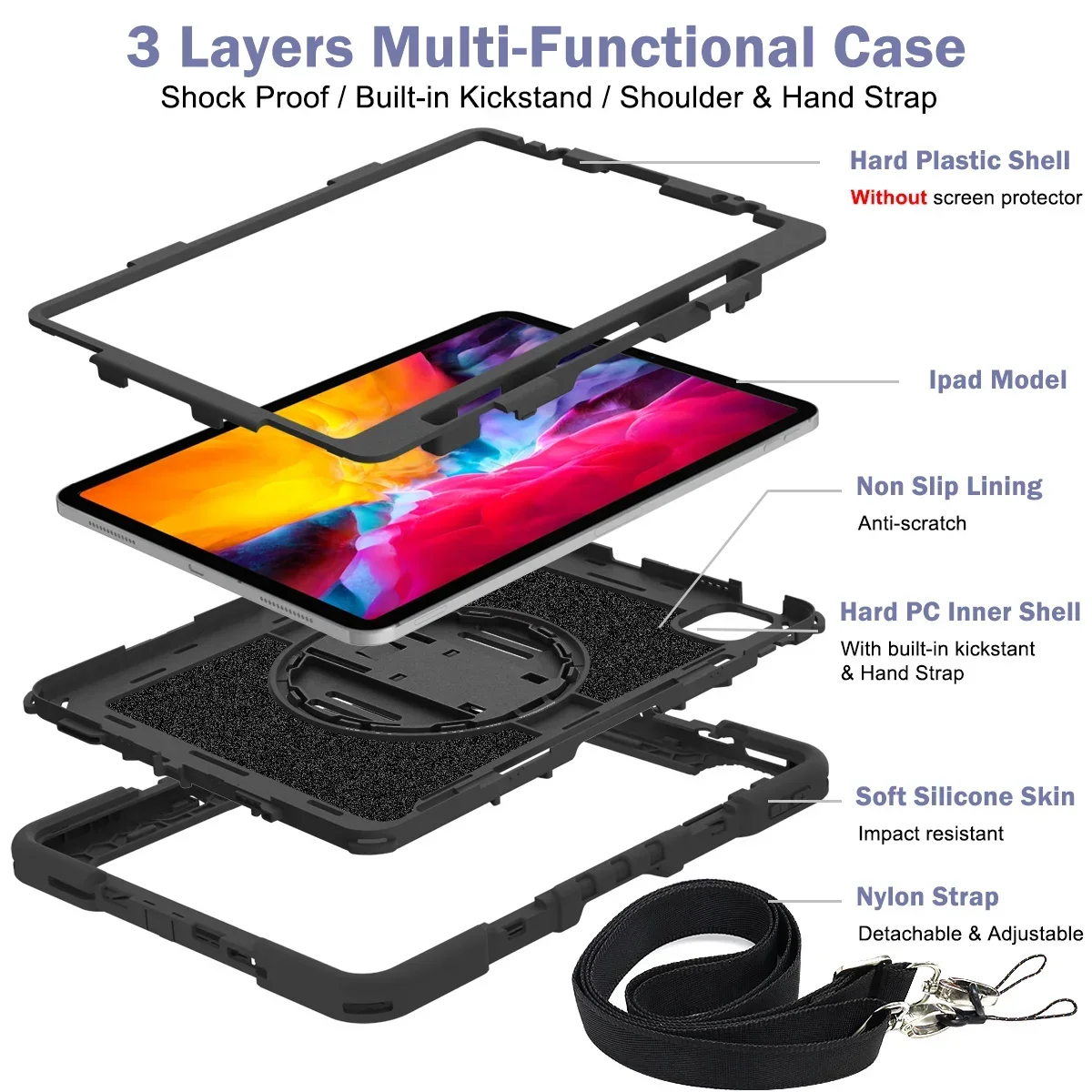 Case for iPad Pro 11 4th 3th 2th 1th Shock Tablet Cover Air 5 4 10.9 With built-in Kickstand & Hand Strap Shoulder Straps