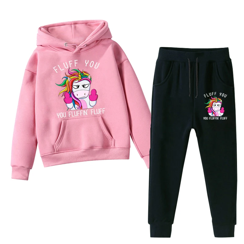 Fluff You Unicorn  Hoodie Children's Clothing Unicorn CartoonHoodie Suitable Boys GirlAnime Sleeve Pullover Sweatshirt Sets