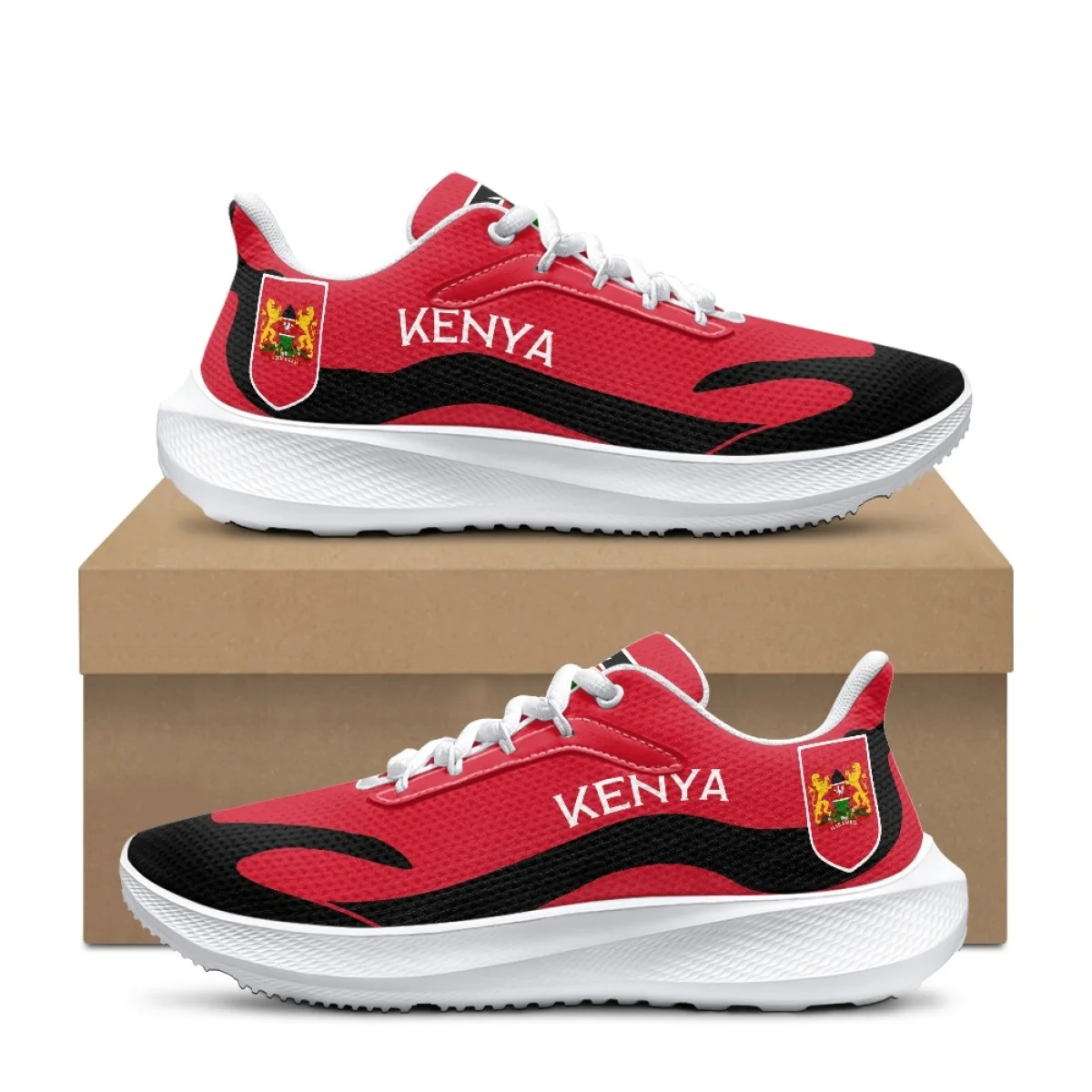 

New Red Black Kenya Flag Print Sneakers Ladies Lightweight Lace-up Shoes Outdoor Work Tennis Shoes Casual Walking Cozy Footwear