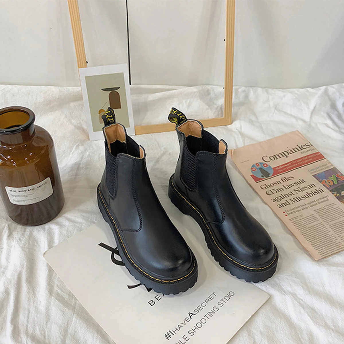 Женские байкерские короткие ботинки челси на толстой подошве винтажные кожаные