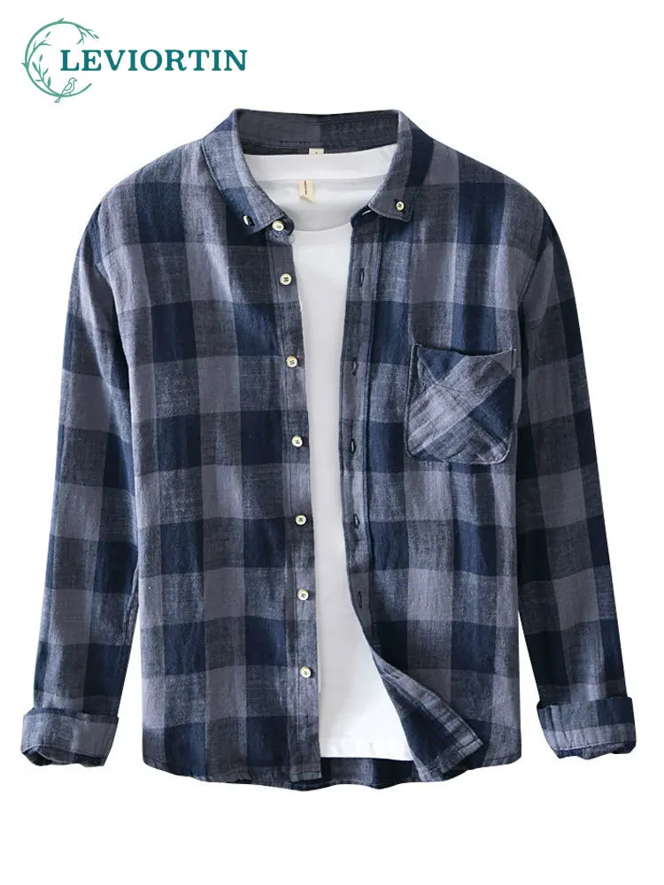 

2022 Mens Cotton & Linen Plaid Shirts For Men High Quality Casual Long Sleeve Tops Shirts With Pocket for Male