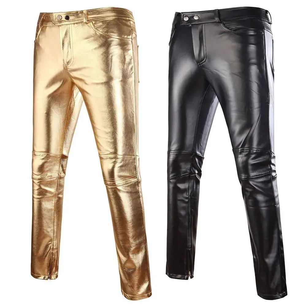 

Брюки скинни, золотые мотоциклетные брюки, танцоры, блестящие повседневные мужские кожаные брюки для ночного клуба, черные Серебряные Мужские брюки для сцены