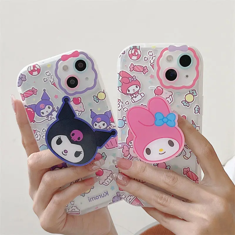 

Sanrio My Melody Kuromi With Holder Phone Case For iPhone 14 13 12 11 Pro Max X XR XS Plus Camera Protection Girl's Cover