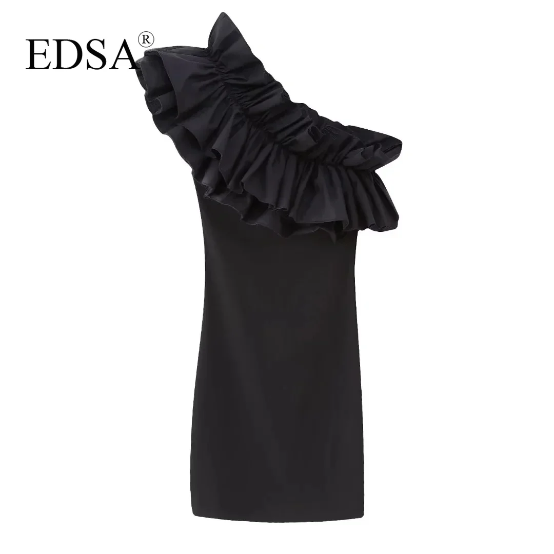 

EDSA Women Fashion Black Frilled Asymmetric Mini Dress Asymmetric Neckline Combined Ruffled 2023 Summer Beach Style for Holiday