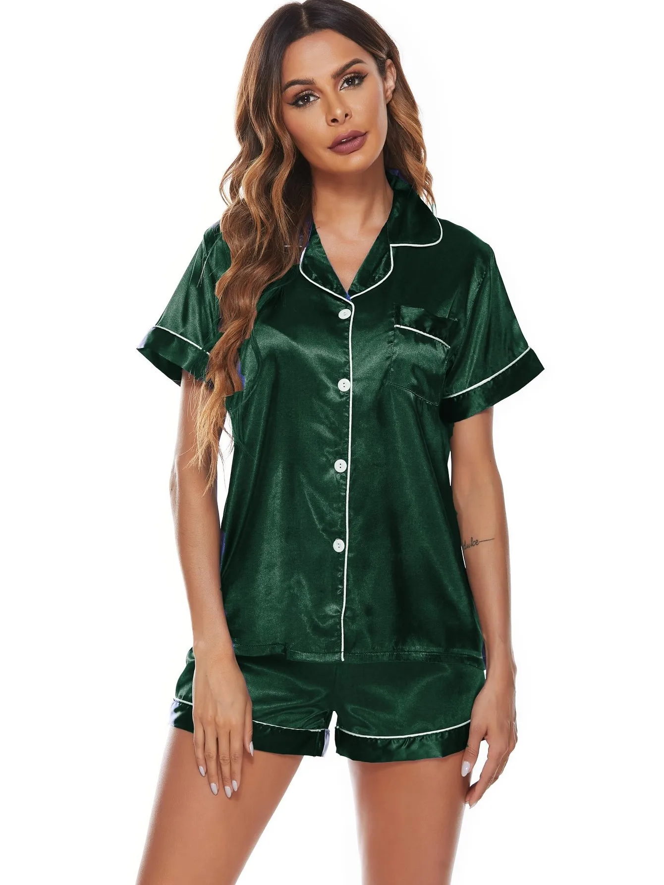 Womens Pajamas Sets Satin Silk Pyjamas Famale Pijamas Pocket 2 Piece PJ Set Loungewear Short Sleeve Shorts Sleepwear Nightwear