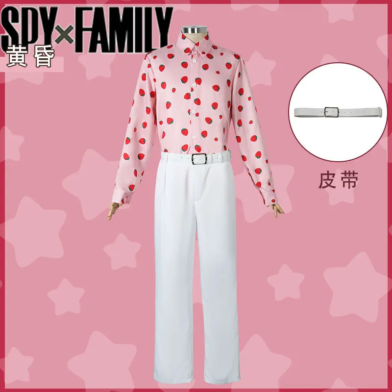 

Anime SPY×FAMILY Loid Forger Cosplay Costume Men Pink Strawberry Shirt Pant Belt Suit Halloween Party uniform Outfit