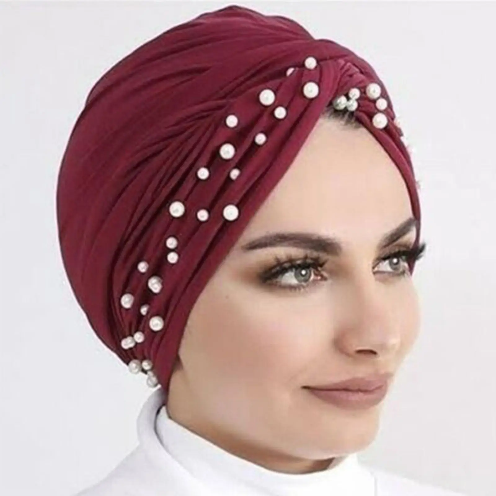 

1PC Ladies Turban Hat Beaded Pearls Muslim Hijabs Wrap Hair Hijab Head Scarf Bandanna Winter Warm High Quality Turban Hat