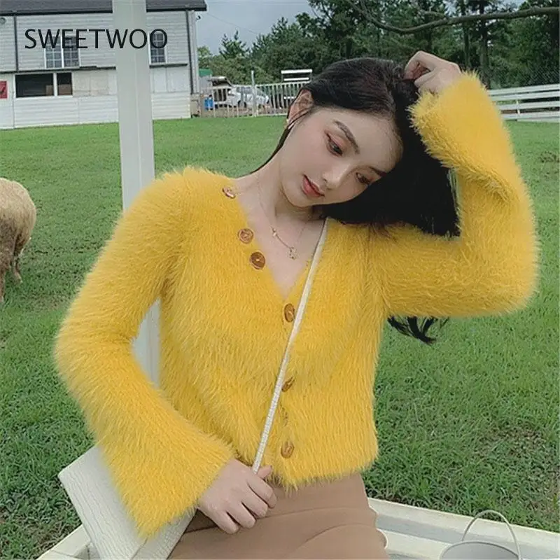 

Cropped Cardigan Women Slim V-Neck Furry Knitwear Autumn Winter 2021 Outwear Solid Korean Fashion Sweater Casual Tide Chic
