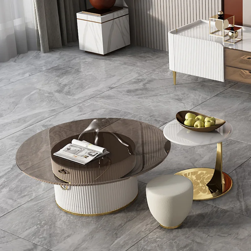 

Modern Luxury Coffee Table Round Tempered Glass Slate TV Cabinet Living Room Combination Furniture