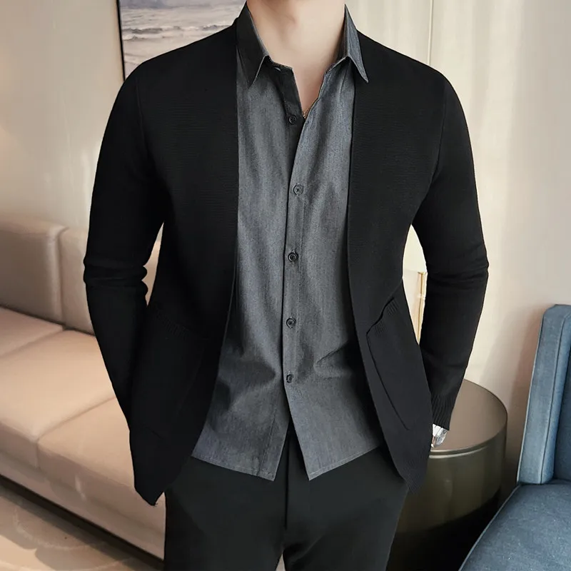

2022 Autumn Two Fake Pieces Knitted Cardigan Men Casual Business Sweater Long Sleeve Slim Fit Knit Sweatercoat Men Clothing