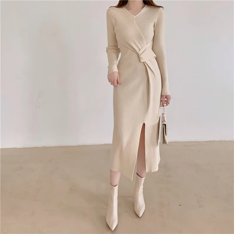 

Croysier Dresses For Women 2021 V Neck Long Sleeve Twist Ribbed Knitted Dress Fall Winter Front Slit Sexy Elegant Midi Dress
