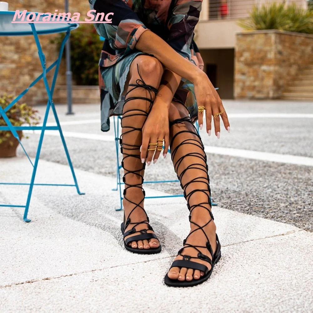 New Knee High Leather Women Sandal Boots Greek Flat Lace Up Xena Gladiator Shoes Roman Strappy Hollow Free Shipping Summer 2022