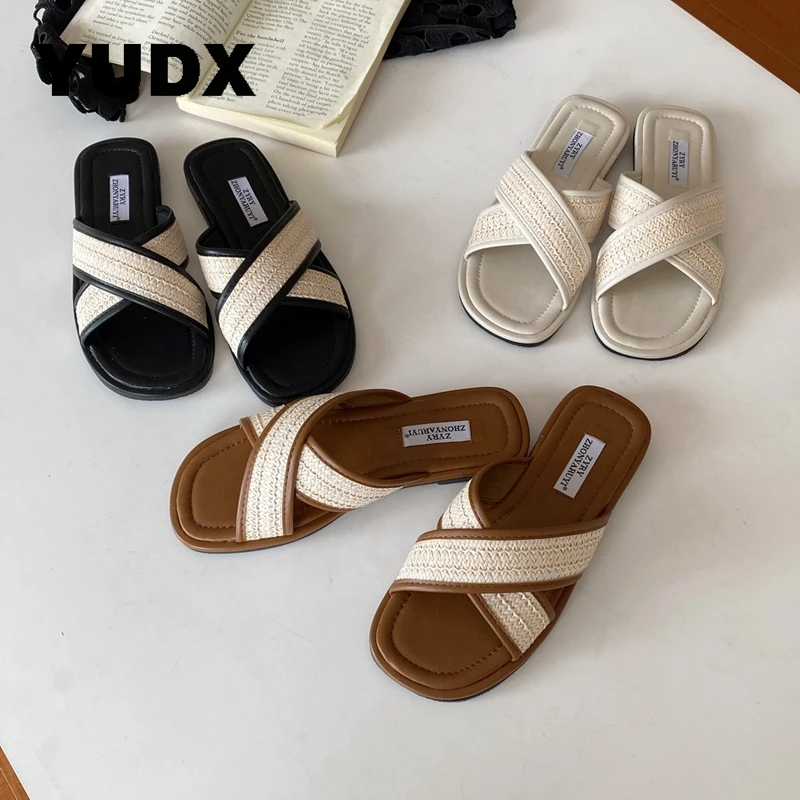 

Casual Soft Sole Slippers Basic Women Summer 2023 Comfortable Female Cross Slides Outside Beach Shoes Ladies Flats Bohemia New