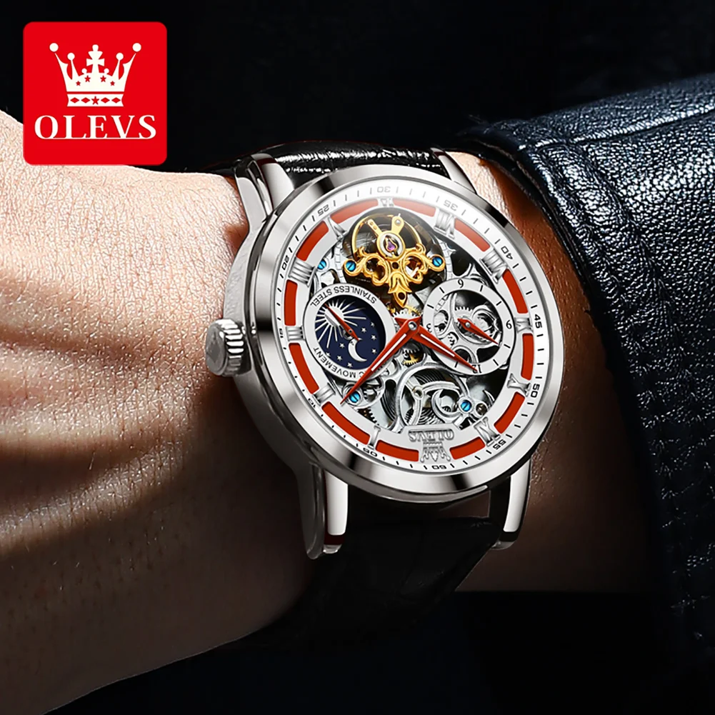 OLEVS New Steampunk Mechanical Watch Men Skeleton Automatic Tourbillon Mens Watches Top Brand Luxury Leather Relogio Masculino enlarge