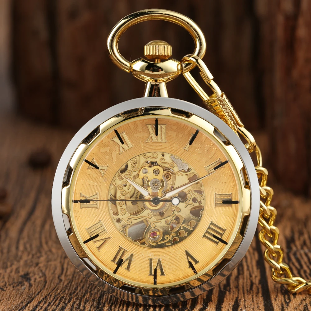 Open Face Silver Gold Skeleton Manual Mechanical Pocket Watch Roman Numerals Display Hand-Wind Pendant Pocket Clock Vintage Gift