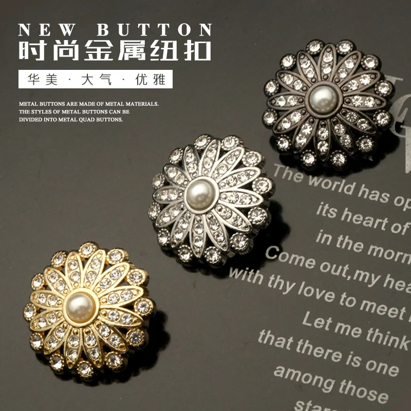

6PCS Flower Metal Gold Buttons Pearl Diamond Rhinestone for Clothing Luxury Dress Needlework Suit Sewing Accessories DIY