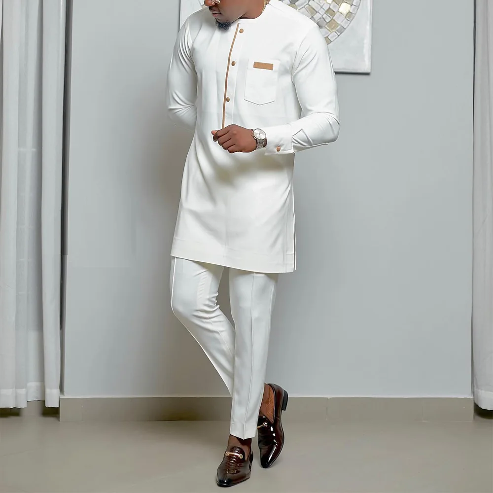 African Men Kaftan 2 Piece Sets Men's Suit Button Crew Neck Pockets Long Sleeve Top And Pants Wedding Ethnic Style Outfit
