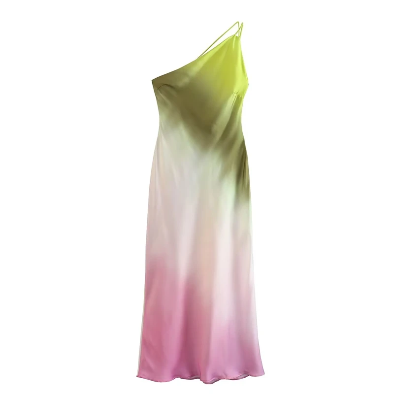 

2023 Summer New Fashion Temperament Sexy Backless Tie-Dye Asymmetric Slanted Shoulder Sling Dress