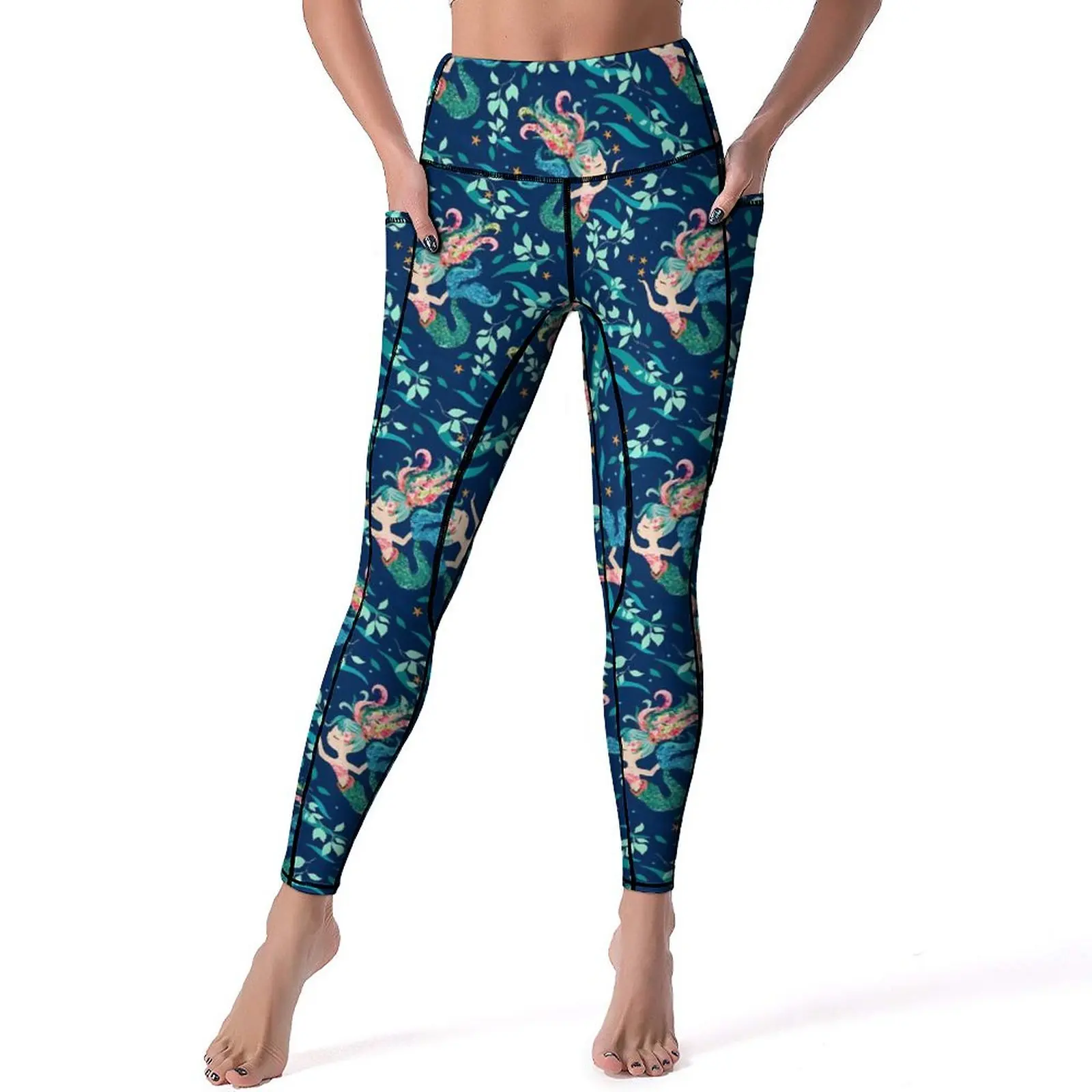 

Mermaids Leggings Colorful Floral Print Fitness Yoga Pants Female Push Up Elegant Leggins Sexy Elastic Graphic Sports Tights