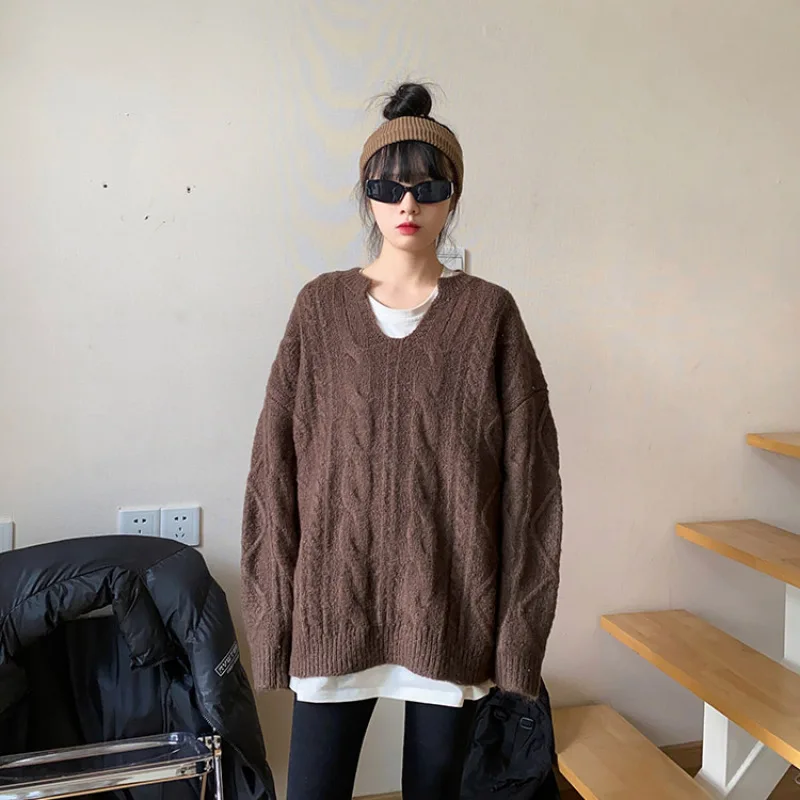 

Autumn Winter V Neck Long Sleeves Casual Pullover Sweater Women's Vintage Twisted Knitwear Korean Fashion Baggy Ladies Tops
