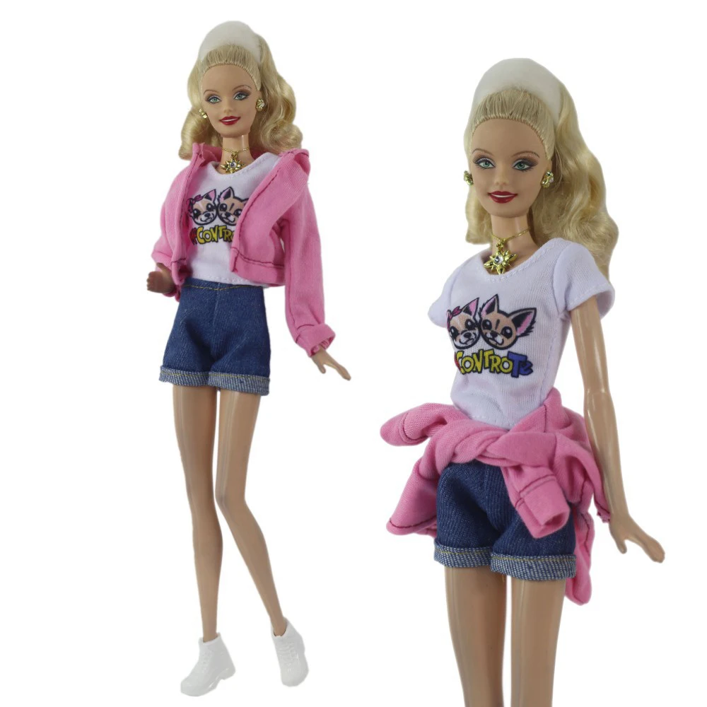 NK 1 Set 30CM Princess Fashion Pink Coat White Dog Top Denim Shorts+Shoes Noble Clothes For Barbie Doll Accessories Gift Toy