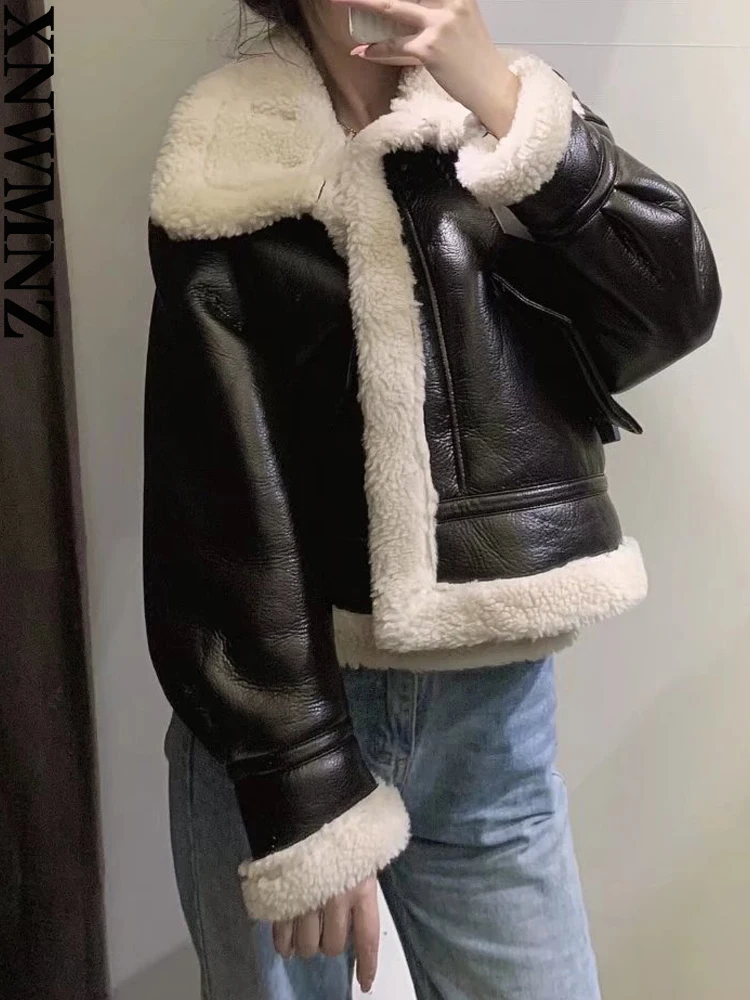 XNWMNZ 2022 Women Fashion Faux Fur Leather Fall/Winter Wram Jacket Coat Zipper Loose Coat Female Outerwear Chic Tops