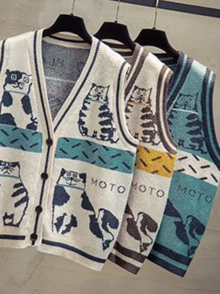 

Vests Women Korean Chic Fashion All-match Simple Sleeveless Single Breasted Cardigan Knitted Retro Vintage Simple Jacket