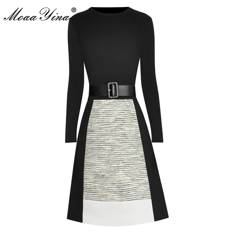 MoaaYina Fashion Runway Winter Spring Skirts Suit Women's Black Long Sleeve Knitted Sweater + A Line Stripes Skirt 2 Pieces Set enlarge