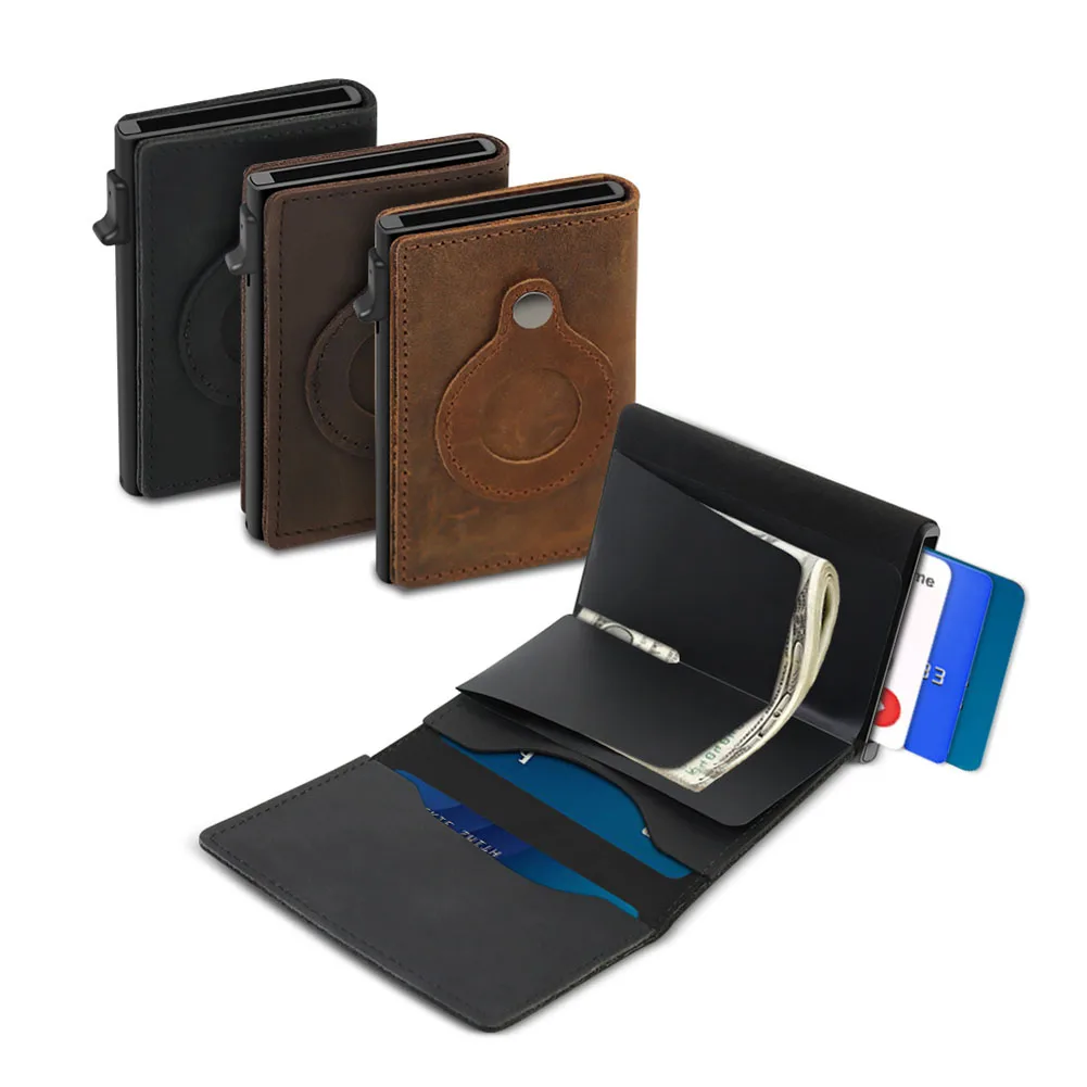 

Smart for Air Tag Wallet Premium Genuine Unisex Leather Credit Card Holder Anti-lost Protective Cover RFID Multifunction Wallet