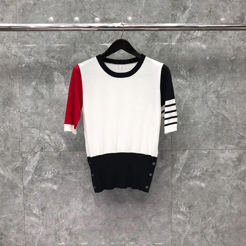 

TB THOM Women's Sweater Spring Colorblock Casual Pullover Fashion Round Neck Half Sleeve Autumn High Quality Knitted Top