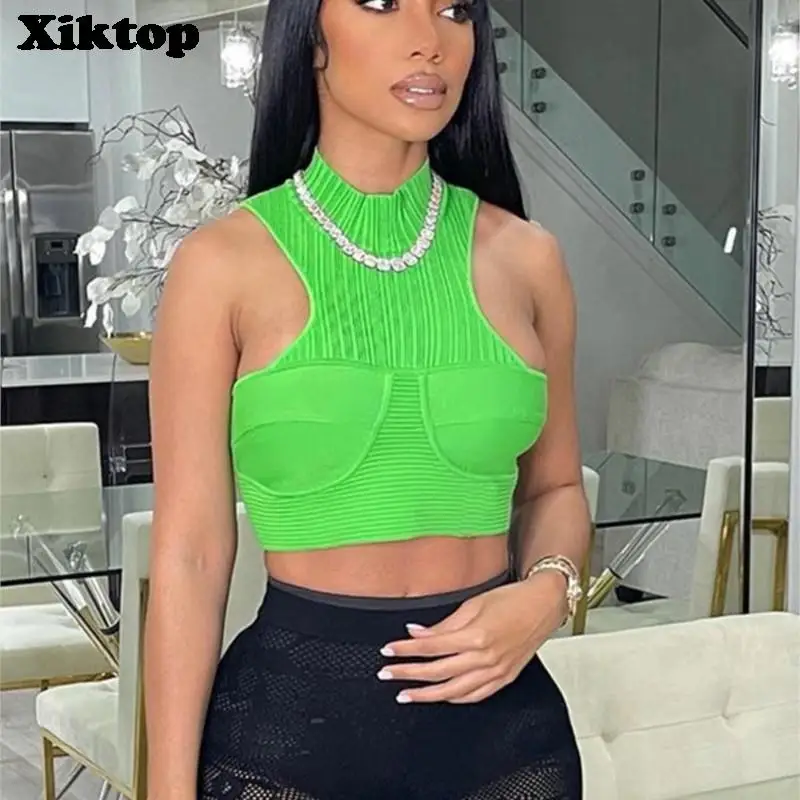

Xiktop Green Temperament Girls Top Halter Neck Cropped Sweater Knitted Sleeveless Pocket Women Top Casual Slimming Vest Clothing