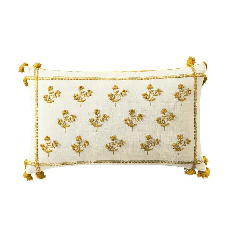 

Yellow Block Print Floral Decorative Pillow, Oblong, 14