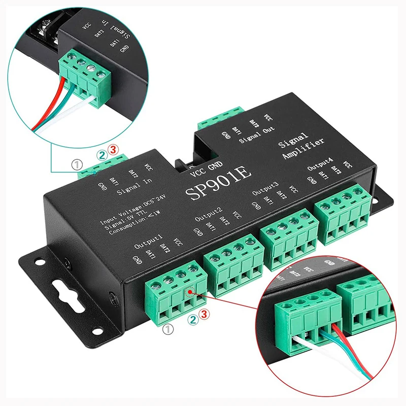 

200W SP901E LED SPI Signal Amplifier DC5-24V 8 Channels Repeater for WS2811 WS2812B SK6812 RGB Addressable LED Strips Pixel